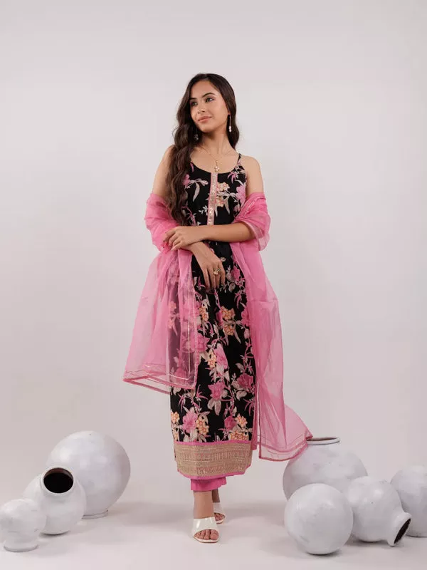 Yufta Black Floral Print Cotton Fit And Flare Kurta Trouser & Dupatta Set - S