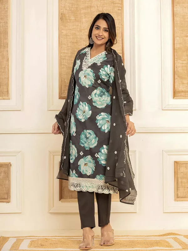 Yufta Black Floral Print Cotton Straight Side Slits Kurta And Trouser With Dupatta Set - M