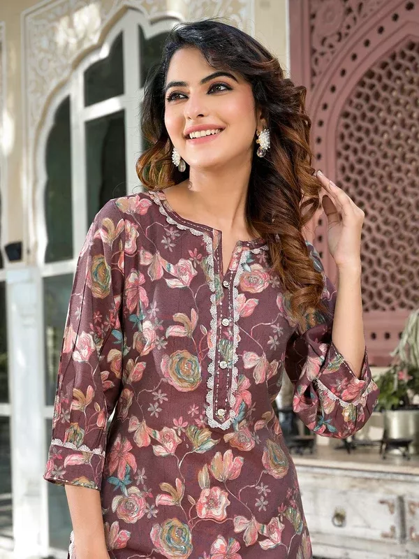 Yufta Brown Floral Print,Patch_Work Straight Kurta Trouser Set - M