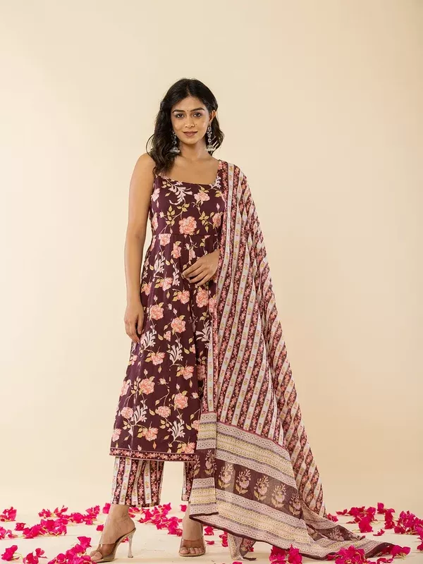 Yufta Brown Sleeveless Cotton Kurta With Dupatta Set - M