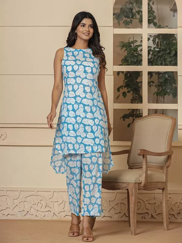 Yufta Cotton Blue Summer Leaf Print Co-Ord Set - S