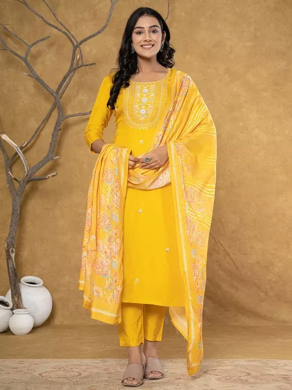 Yufta Mustard Silk Beads And Stones,Sequins_Work Kurta Dupatta Set - S