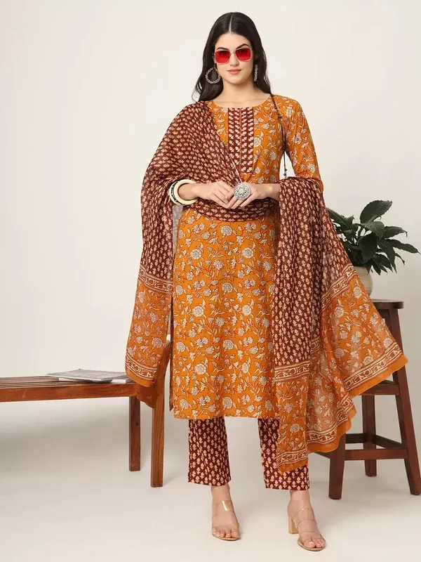 Yufta Piping On Yoke Floral Print Mustard Cotton Kurta Set With Dupatta Set - S