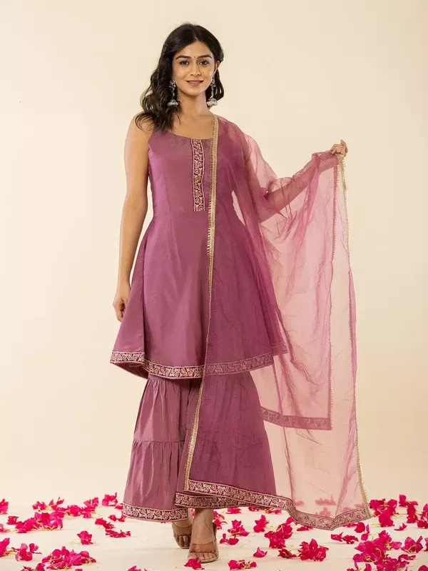 Yufta Purple Shoulder Straps Neck Sleeveless Regular Thread Work Kurta With Sharara With Dupatta Set - S
