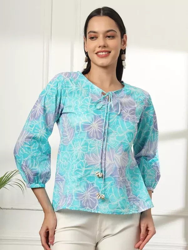 Yufta Sky Blue Printed Cotton Peplum Top - S