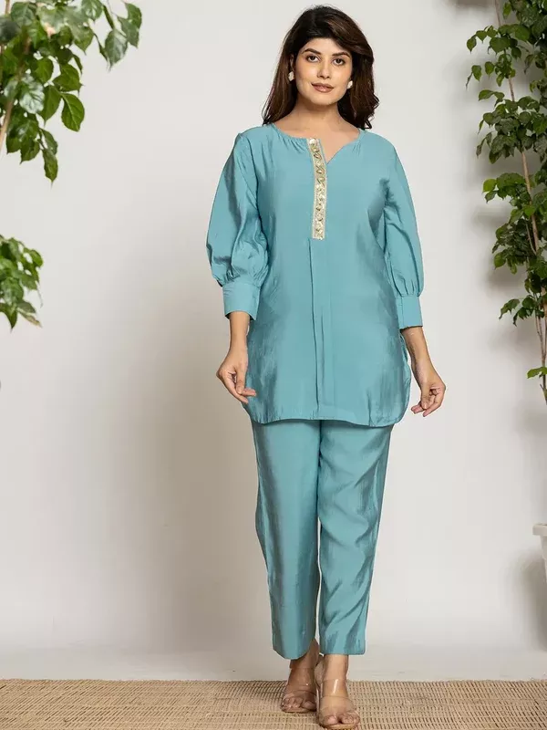 Yufta Turquoise Blue Silk Blend Solid Co-Ord Set - L