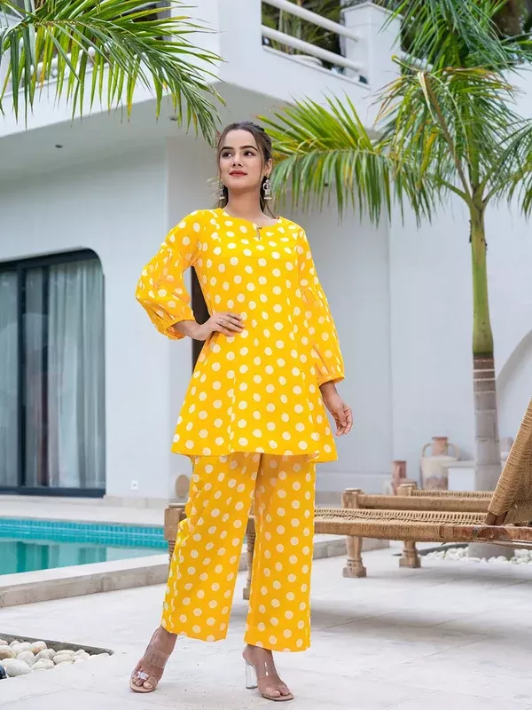 Yufta Yellow Polka Dot Print Top And Trouser Co Ord Set - S